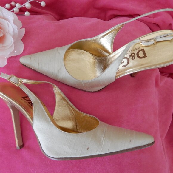 D&G Dolce & Gabbana Italy Cream Gold Silk Heels 37.5 US 7.5 - Picture 9 of 15